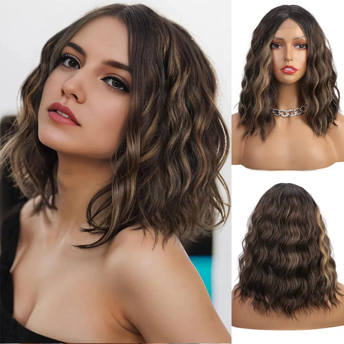 Short Synthetic Shoulder Length Middle Part Curly Wavy Bob Wig Natural Looking Heat Resistant Fiber Wig for Women Daily Use