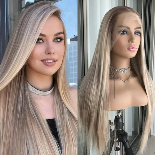 Ombre Blonde Straight Lace Front Wig Synthetic Lace Wigs Platinum Blonde with Brown Root Preplucked Baby Hair 150 Density Wig