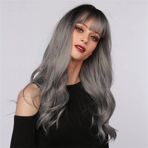 Long Wavy Silver Ash Ombre Cosplay Synthetic Wigs Natural Curly Gray Black Hair Wig with Bangs for Women Afro Heat Resistant