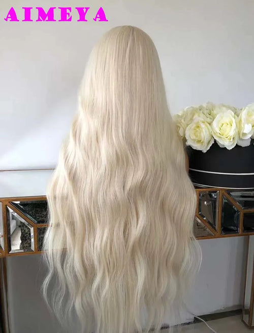 AIMEYA Platinum Blonde Lace Front Wigs for Women Long Natural Wave Synthetic Hair  Heat Resistant Fiber Hair Free Part