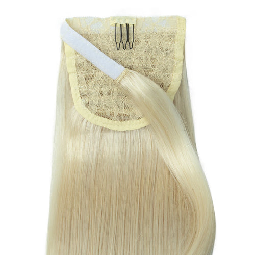Blonde Ponytail Human Hair Natural Real Hair Extensions Wrap Around Clip on Ponytails Thick Ends Platinum Blonde 24inch 140G