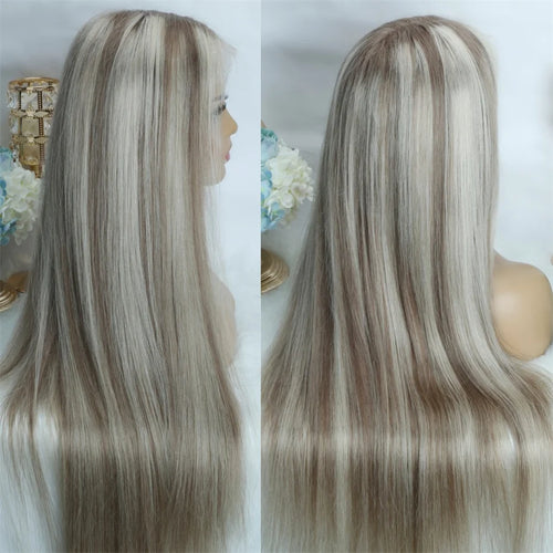 Straight 13x6 Ash Brown Highlight Lace Front Wig Human Hair Natural Hairline Ash Blonde Transparent Lace Frontal Wig For Women