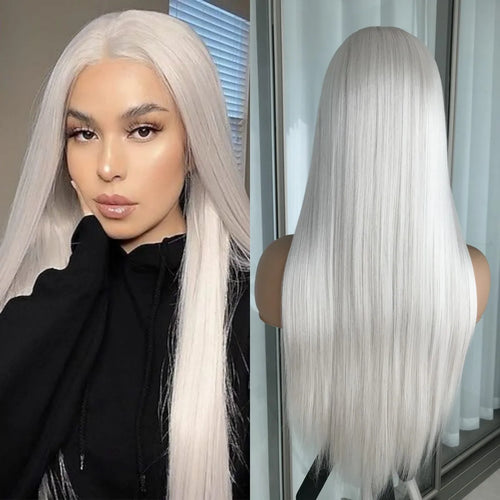 Platinum Ash Blonde Long Straight Lace Front Wig with Brown Roots Pre Plucked Heat Resistant Synthetic Lace Wigs Daily Use