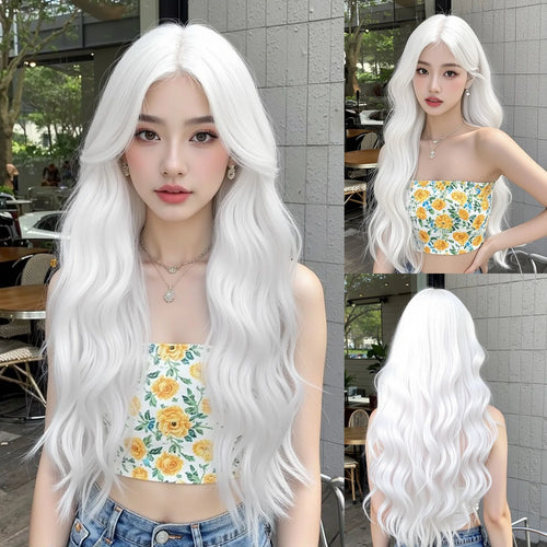 Super Long Curly Silver Synthetic Wig with Fluffy Bangs White Water Wave Hair Wigs for Women Daily Use Cosplay Colored Hair Wig