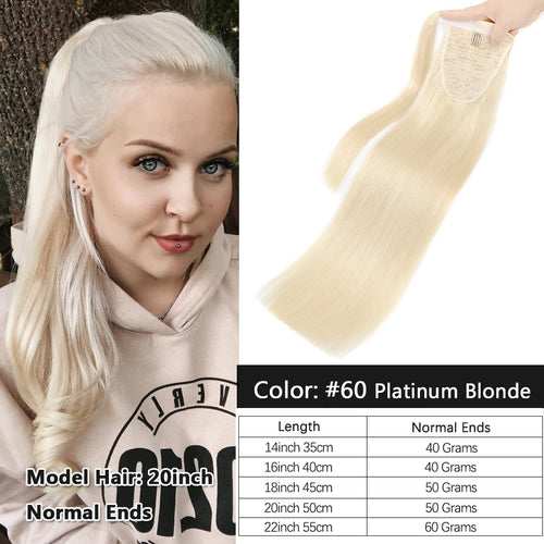 Blonde Ponytail Human Hair Natural Real Hair Extensions Wrap Around Clip on Ponytails Thick Ends Platinum Blonde 24inch 140G