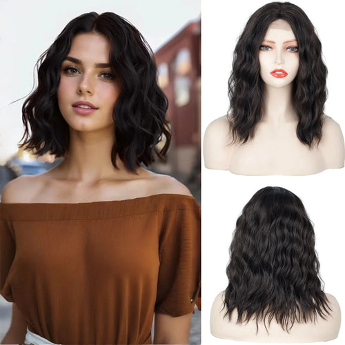 Short Synthetic Shoulder Length Middle Part Curly Wavy Bob Wig Natural Looking Heat Resistant Fiber Wig for Women Daily Use