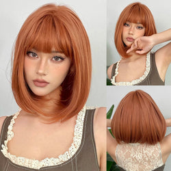 Short Layered Synthetic Wig Ombre Brown Medium Length Straight Natural Looking Hair Wig with Bangs Heat Resistant for Women Afro