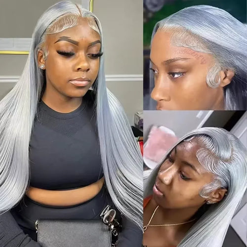30 40 Inches Straight Human Hair Wigs 13x6 HD Lace Frontal Wigs 250% Density Silver Grey Colored 13x4 Lace Front Human Hair Wigs