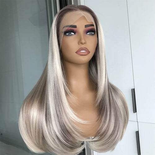 13x4 Lace Front Wig Highlight Brown Layered Straight Synthetic Lace Wigs for Women Blonde mix Brown Colored Wig Pre Plucked