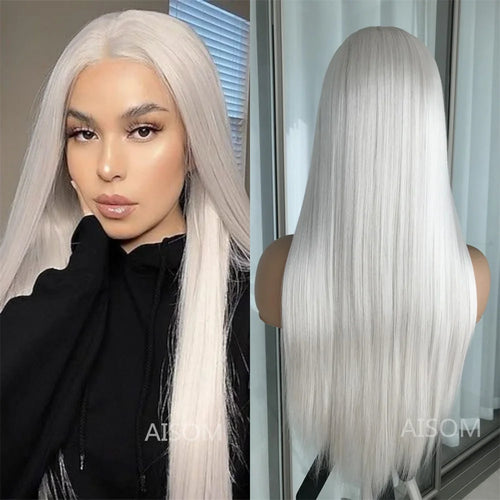 Platinum Ash Blonde Long Straight Lace Front Wig with Brown Roots Pre Plucked Heat Resistant Synthetic Lace Wigs Daily Use
