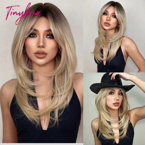 Long Straight Ombre Brown Synthetic Wigs with Bangs Brown Layered Wig Cosplay for Women Afro Daily Natural Hair Heat Resistant
