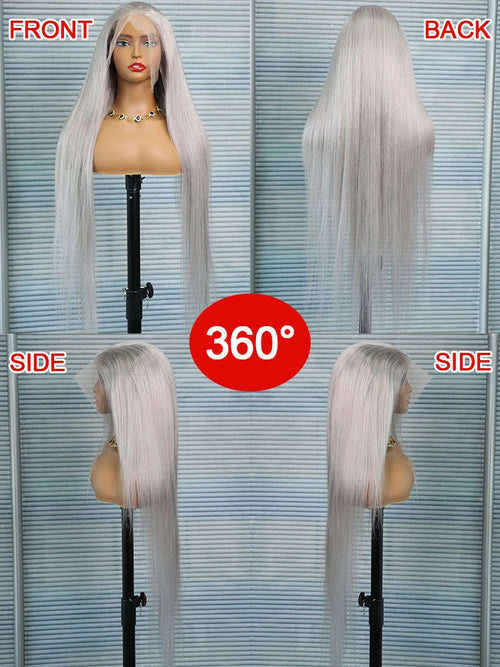 30 40 Inches Straight Human Hair Wigs 13x6 HD Lace Frontal Wigs 250% Density Silver Grey Colored 13x4 Lace Front Human Hair Wigs