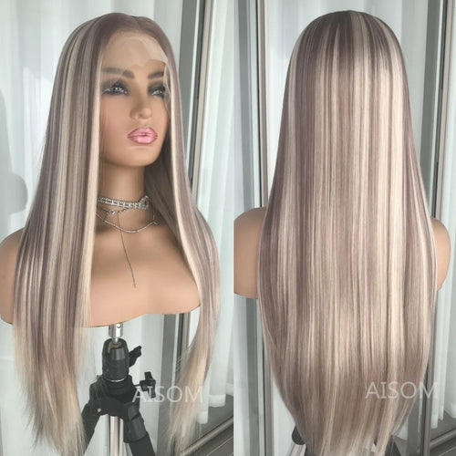 Platinum Ash Blonde Long Straight Lace Front Wig with Brown Roots Pre Plucked Heat Resistant Synthetic Lace Wigs Daily Use