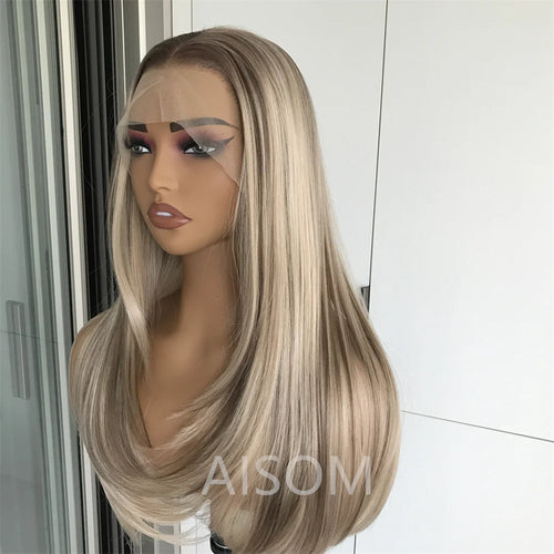 13x4 Lace Front Wig Highlight Brown Layered Straight Synthetic Lace Wigs for Women Blonde mix Brown Colored Wig Pre Plucked