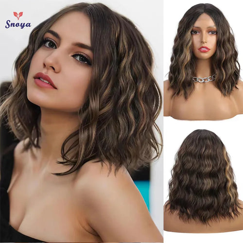 Short Synthetic Shoulder Length Middle Part Curly Wavy Bob Wig Natural Looking Heat Resistant Fiber Wig for Women Daily Use