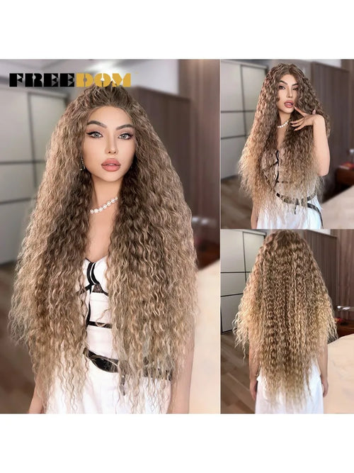FREEDOM Synthetic Lace Front Wigs 34 Inch Super Long Curly Lace Wigs For Women Ombre Brown Lace Front Cosplay Wigs