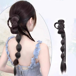 Synthetic Ponytail Bubble Braid Wig Hanfu Cheongsam Side-tie Ball Head Clip-on Twisted Braids Extension Simulated Flower Bud