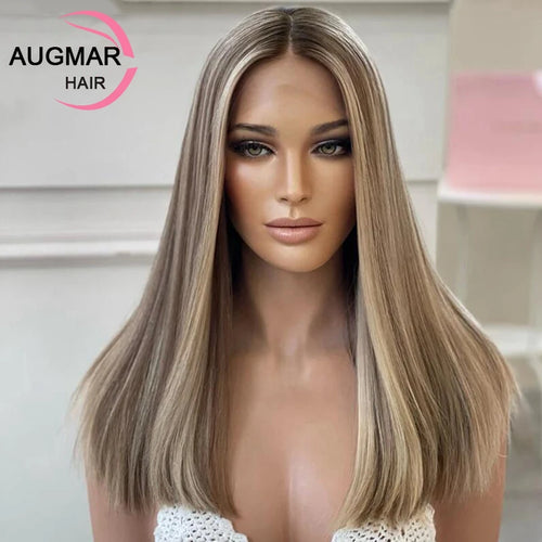 Silk Top Ash Blonde Highlight Human Hair Wig 13x4 Short Straight Lace Front Wigs Human Hair Transparent Silk Base Lace Front Wig