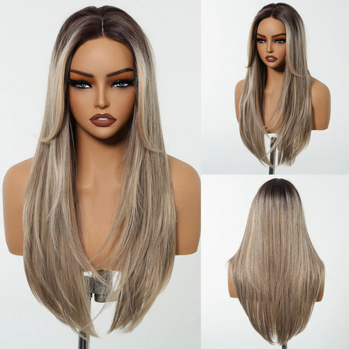 Long Straight Hairline Lace Front Synthetic Wig For Black Women Brown Mixed White Natural Middle Part Wig For Daily Cosplay