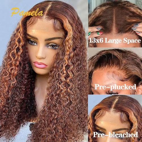 Honey Blonde Pick And Chocolate Colored Wigs Curly 13x6 Transparent Lace Frontal Human Hair Glueless Wig Pre plucked Ready To Go