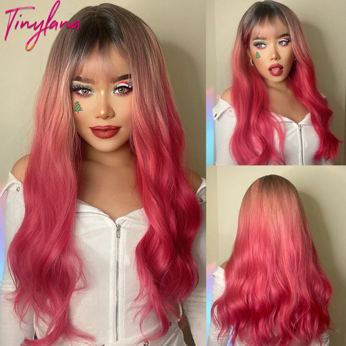 Orange Copper Ginger Long Wavy Synthetic Wigs Red Yellow Wig with Bangs for Women Natural Cosplay Body Wave Heat Resistant Hair