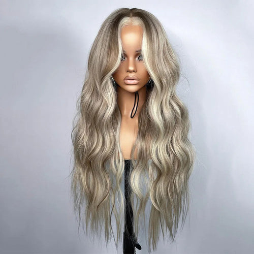 26 Inch Highlight Blonde Lace Front Wigs Wave Ash Blonde Colored Synthetic Hair Wig for Women 13x3 Heat Resistant Wig