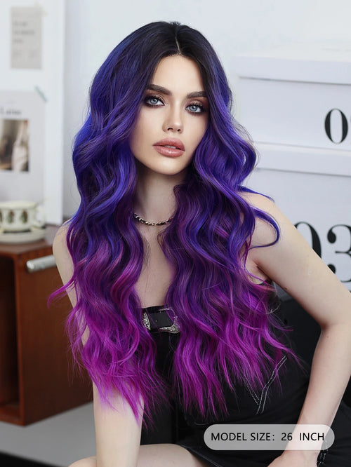 HD Transparent Lace Front Wig Blue Ombre Purple Body Wavy Wigs with Bangs High Density Synthetic Lace Frontal Side Part Wigs