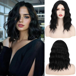 Short Synthetic Shoulder Length Middle Part Curly Wavy Bob Wig Natural Looking Heat Resistant Fiber Wig for Women Daily Use