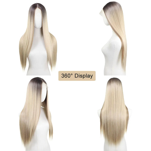 30 Inch Highlight Blonde Synthetic Lace Front Wigs Dark Roots Straight Long Ombre Ash Blonde Pre Plucked Colored Wigs for Women