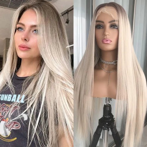 Ombre Blonde Straight Lace Front Wig Synthetic Lace Wigs Platinum Blonde with Brown Root Preplucked Baby Hair 150 Density Wig