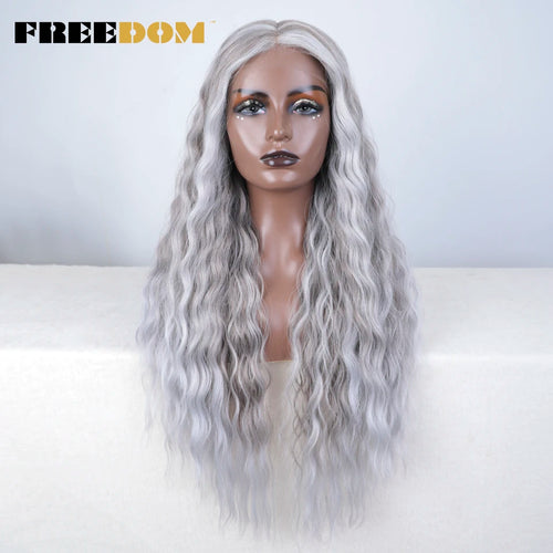 FREEDOM Curly Synthetic Lace Front Wigs For Women 30 inches Soft Wavy Ombre Blonde Ginger Highlight Cosplay Wigs Heat Resistant