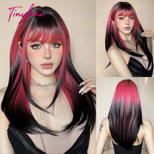 Long Straight Ombre Brown Synthetic Wigs with Bangs Brown Layered Wig Cosplay for Women Afro Daily Natural Hair Heat Resistant