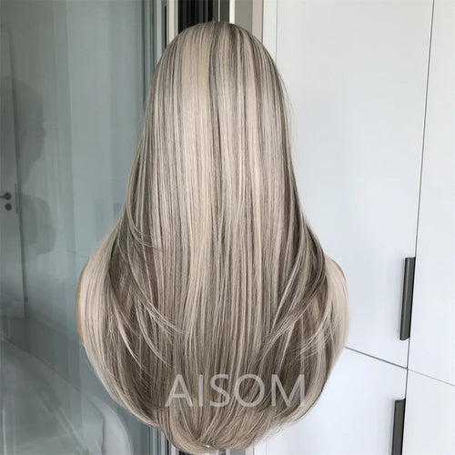 13x4 Lace Front Wig Highlight Brown Layered Straight Synthetic Lace Wigs for Women Blonde mix Brown Colored Wig Pre Plucked