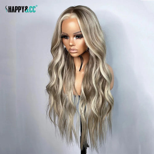 26 Inch Highlight Blonde Lace Front Wigs Wave Ash Blonde Colored Synthetic Hair Wig for Women 13x3 Heat Resistant Wig