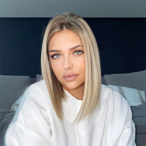 Highlight Blonde Synthetic Wig 12 Inch Ombre Short Lace Front Bob Wigs Straight Dark Roots Glueless Wig for Women Daily Party
