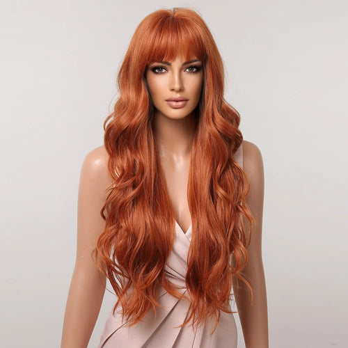 Orange Copper Ginger Long Wavy Synthetic Wigs Red Yellow Wig with Bangs for Women Natural Cosplay Body Wave Heat Resistant Hair