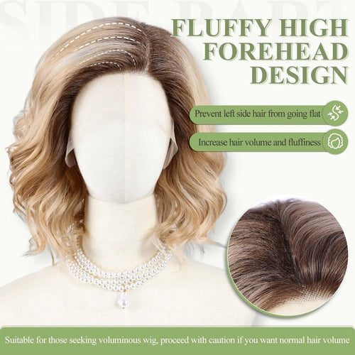 Short Wavy Synthetic Wig Ombre Blonde Layered Hair Side Part Lace Front Bob Wig 14 Inch Shoulder Length Heat Resistant Fiber