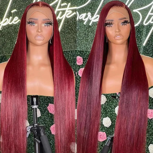 99j Burgundy Lace Front Human Hair Wig 40 Inch 13x6 Straight Lace Frontal Wigs HD Transparent Lace Colored Red Wig For Women