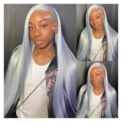 30 40 Inches Straight Human Hair Wigs 13x6 HD Lace Frontal Wigs 250% Density Silver Grey Colored 13x4 Lace Front Human Hair Wigs