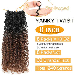 8"Yanky Twist Crochet Hair Pre-Looped Ombre Brown Synthetic Crochet Hair with Curly Ends Yank Twist Crochet Hair For Black Women