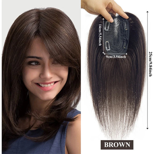 10 inch 100%Human Hair 9*14cm Hairnet Clip in Hair Topper Extension Top Wig Piece for Women with Thinning Hair