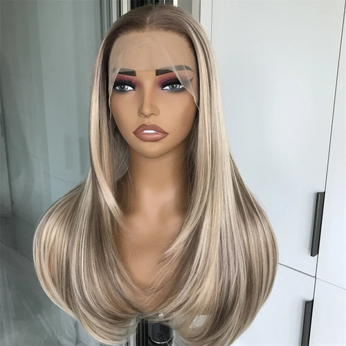 13x4 Lace Front Wig Highlight Brown Layered Straight Synthetic Lace Wigs for Women Blonde mix Brown Colored Wig Pre Plucked