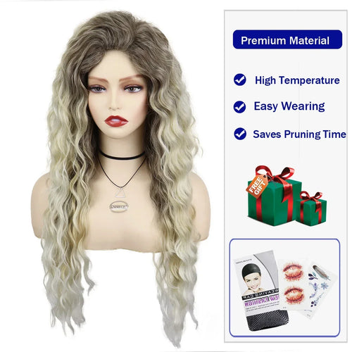 Womens Wig Long Synthetic Hair Ombre Blonde Curly Wigs Female Natural Wavy Drag Queen Regular Wig 80s Gradient Wigs for Student