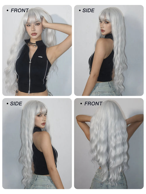 Super Long Curly Silver Synthetic Wig with Fluffy Bangs White Water Wave Hair Wigs for Women Daily Use Cosplay Colored Hair Wig