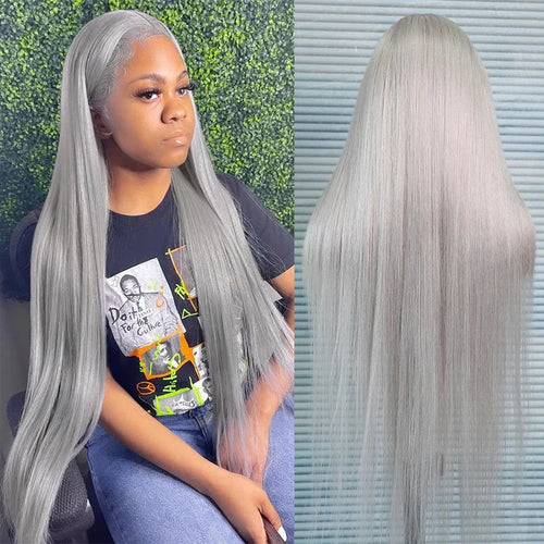 30 40 Inches Straight Human Hair Wigs 13x6 HD Lace Frontal Wigs 250% Density Silver Grey Colored 13x4 Lace Front Human Hair Wigs