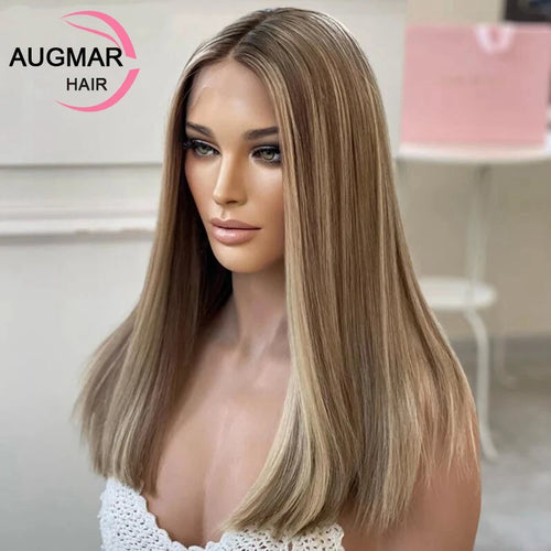 Silk Top Ash Blonde Highlight Human Hair Wig 13x4 Short Straight Lace Front Wigs Human Hair Transparent Silk Base Lace Front Wig