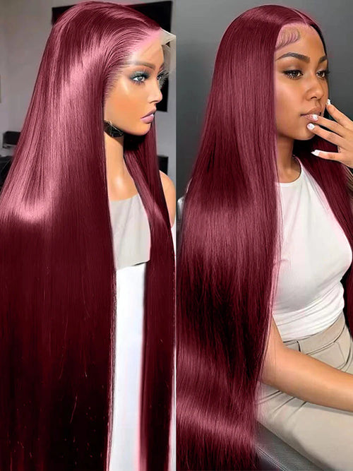99j Burgundy Lace Front Human Hair Wig 40 Inch 13x6 Straight Lace Frontal Wigs HD Transparent Lace Colored Red Wig For Women