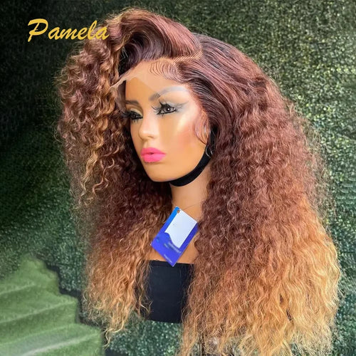 Honey Blonde Pick And Chocolate Colored Wigs Curly 13x6 Transparent Lace Frontal Human Hair Glueless Wig Pre plucked Ready To Go