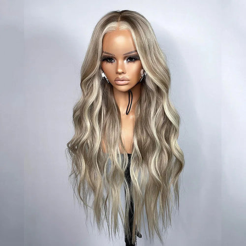 26 Inch Highlight Blonde Lace Front Wigs Wave Ash Blonde Colored Synthetic Hair Wig for Women 13x3 Heat Resistant Wig