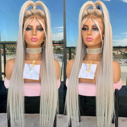 Platinum Ash Blonde Long Straight Lace Front Wig with Brown Roots Pre Plucked Heat Resistant Synthetic Lace Wigs Daily Use